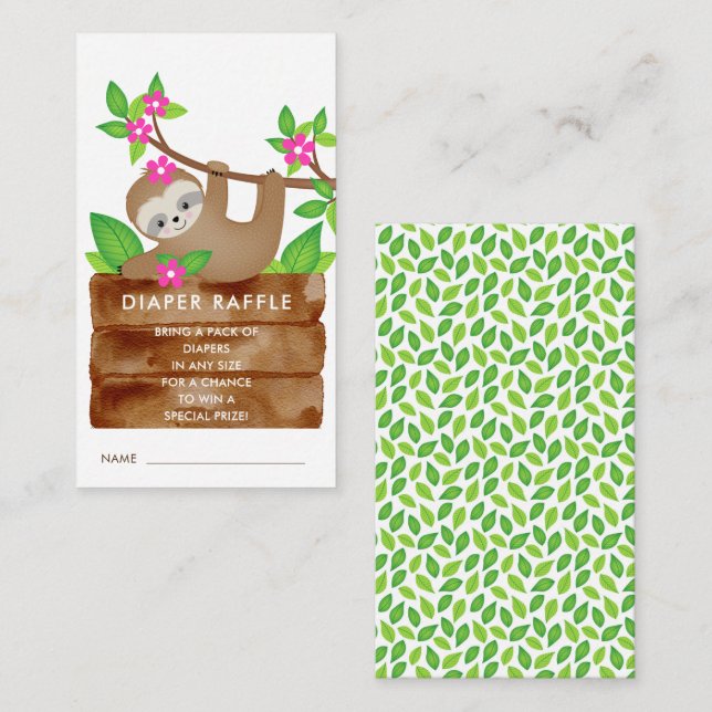  Sweet Sloth Girls Baby Shower Diaper Raffle Enclosure Card (Front/Back)