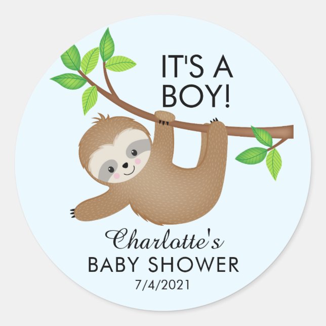 Sweet Sloth It's A Boy Baby Shower Favour Sticker (Front)