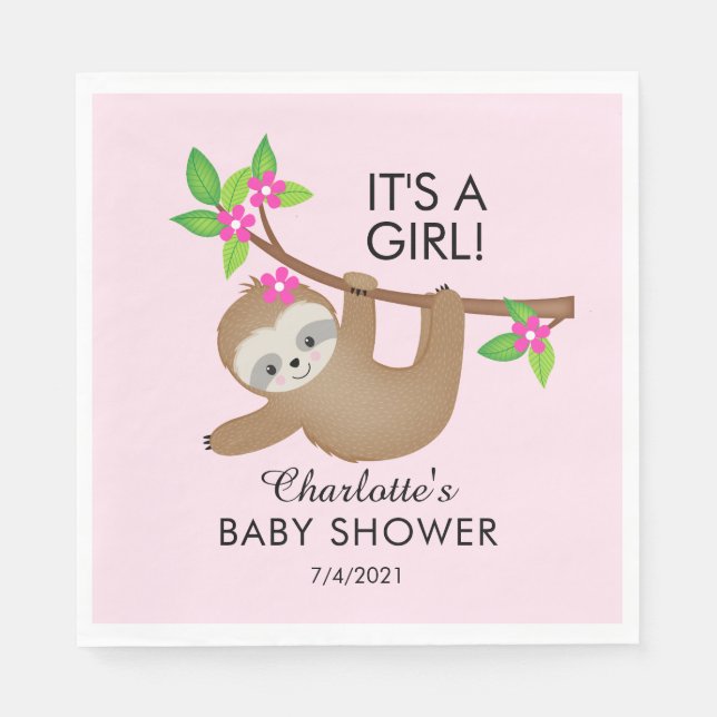Sweet Sloth It's A Girl Baby Shower Paper Napkins (Front)