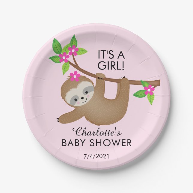 Sweet Sloth It's A Girl Paper Plate (Front)