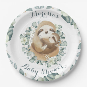 Sweet Sloth Mommy Hug Eucalyptus Baby Shower Paper Plate