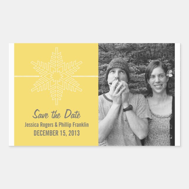 Sweet Snowflake Save the Date Stickers, Yellow Rectangular Sticker (Front)
