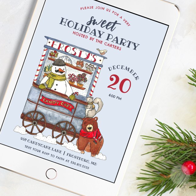 Sweet Snowman Candy Cart Watercolor Holiday Party  Invitation (Creator Uploaded)