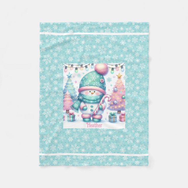 Sweet Snowman Personalise Name Christmas Baby Fleece Blanket (Front)