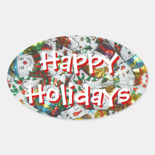 Sweet Snowmen Happy Holidays sticker oval