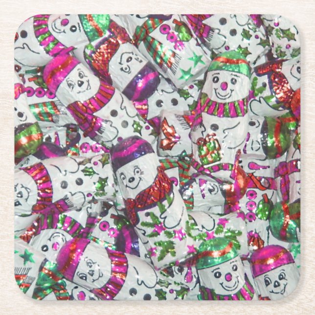 Sweet Snowmen Pink coaster set square (Front)
