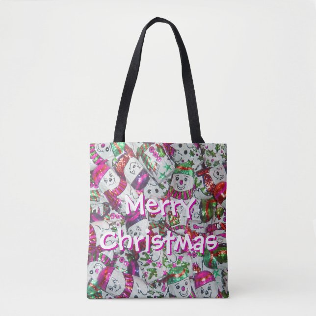 Sweet Snowmen Pink Merry Christmas all over pink Tote Bag (Front)
