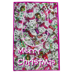 Sweet Snowmen Pink Merry Christmas gift bag medium