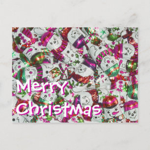 Sweet Snowmen Pink Merry Christmas horizontal Holiday Postcard