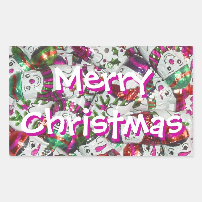 Sweet Snowmen Pink Merry Christmas rectangle Rectangular Sticker (Front)