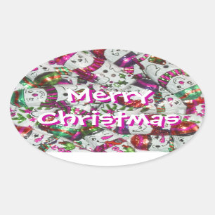 Sweet Snowmen Pink Merry Christmas sticker oval