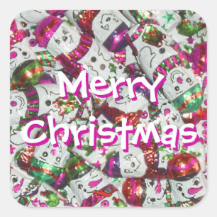Sweet Snowmen Pink Merry Christmas sticker square