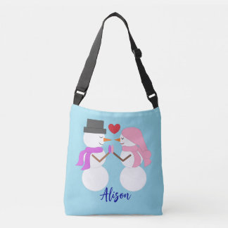 Sweet Snowpeople in Love:  Light Blue Crossbody Bag