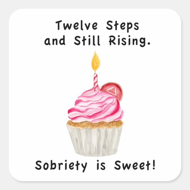 Sweet Sobriety: Cupcake with Candle, Recovery Coin Square Sticker (Front)