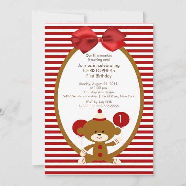 Sweet Sock Monkey Kids Birthday Invitation (Front)