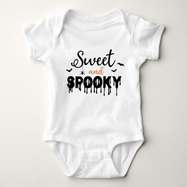 Sweet Spooky Halloween Bat Orange Black Typography Baby Bodysuit (Front)