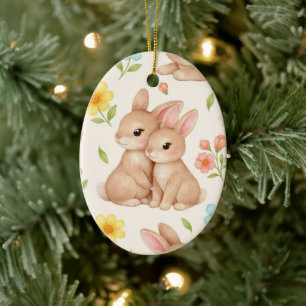 Sweet Spring Bunnies & Floral Garden Pattern Ceramic Ornament