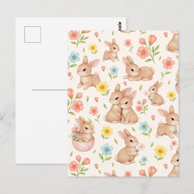 Sweet Spring Bunnies & Floral Garden Pattern Postcard (Front/Back)