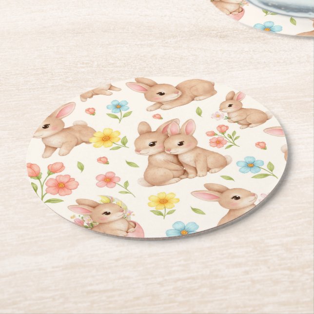 Sweet Spring Bunnies & Floral Garden Pattern Round Paper Coaster (Angled)