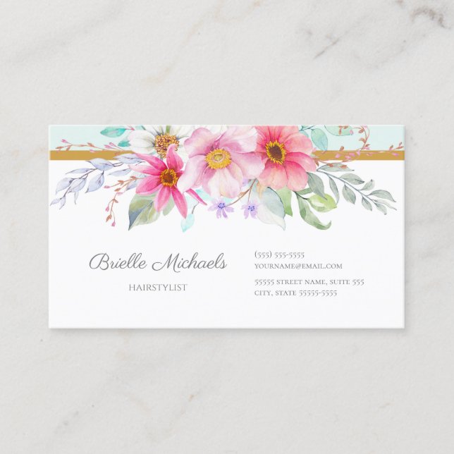 Sweet Spring Floral Pink and Pale Turquoise Business Card (Front)