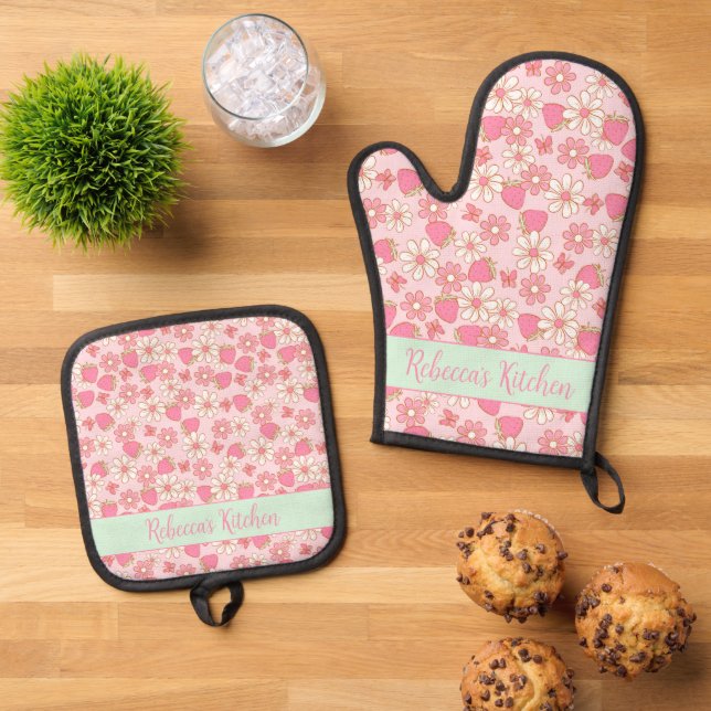 Sweet Spring Strawberries Personalised Oven Mitt & Pot Holder Set (Top Down)