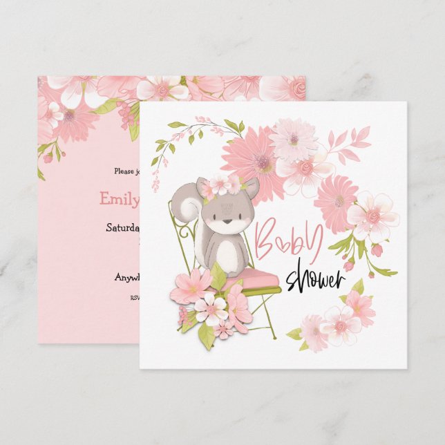 Sweet Squirrel Florals White Pink Girl Baby Shower Invitation (Front/Back)