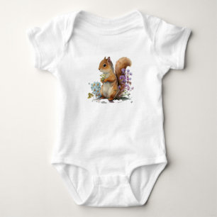 Sweet Squirrel Holding Flowers  Baby Bodysuit