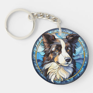 Sweet Stained Glass Australian Shepherd Dog Key Ring