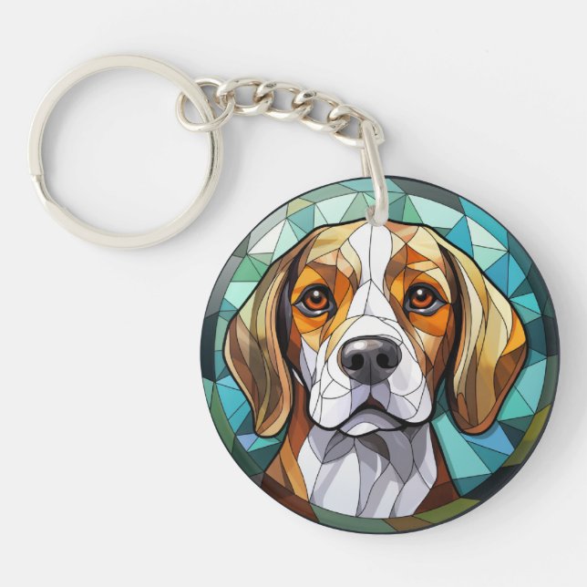 Sweet Stained Glass Beagle Hound Dog Key Ring (Front)