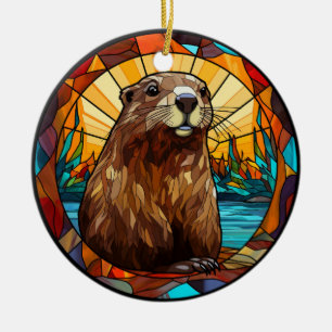 Sweet Stained Glass Beaver Ceramic Ornament