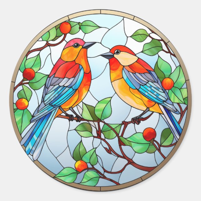 Sweet Stained Glass Bluebirds Classic Round Sticker (Front)
