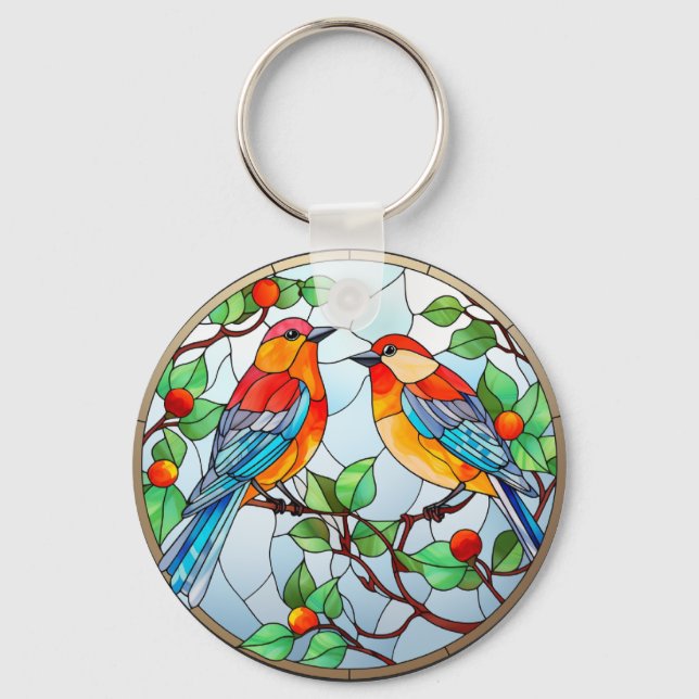 Sweet Stained Glass Bluebirds Key Ring (Front)