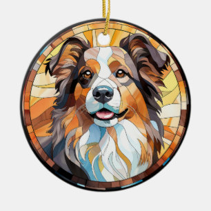 Sweet Stained Glass Border Collie Dog Ceramic Ornament