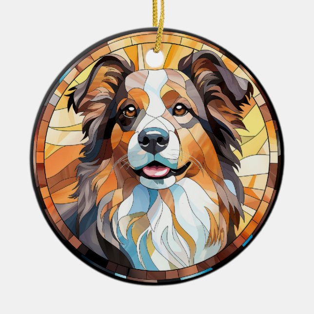 Sweet Stained Glass Border Collie Dog Ceramic Ornament (Front)