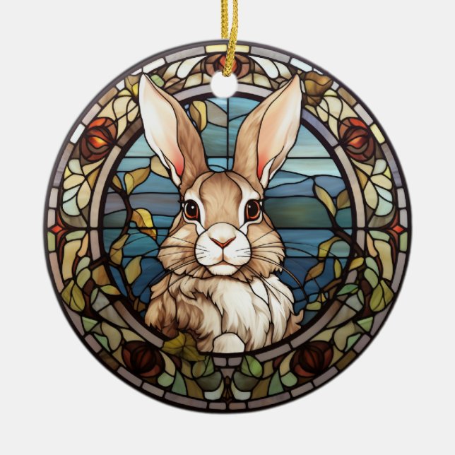 Sweet Stained Glass Bunny Rabbit Ceramic Ornament (Front)