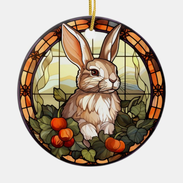 Sweet Stained Glass Bunny Rabbit Ceramic Ornament (Front)