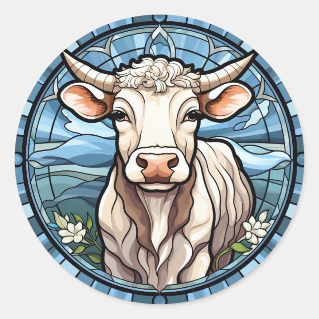 Sweet Stained Glass Cattle Cow Classic Round Sticker (Front)