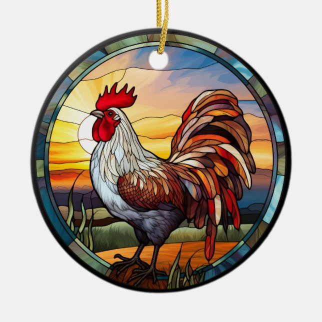 Sweet Stained Glass Chickens Rooster and Sunrise Ceramic Ornament (Front)