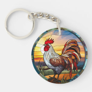 Sweet Stained Glass Chickens Rooster and Sunrise Key Ring