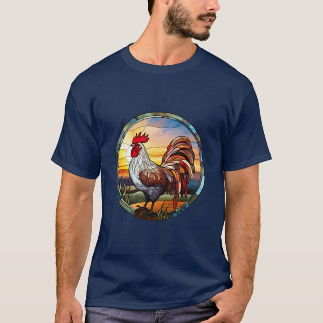 Sweet Stained Glass Chickens Rooster and Sunrise T-Shirt (Front)