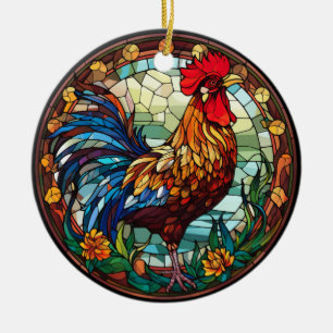 Sweet Stained Glass Chickens Rooster  Ceramic Ornament