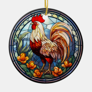 Sweet Stained Glass Chickens Rooster Ceramic Ornament