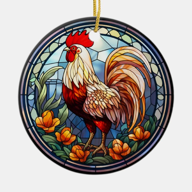 Sweet Stained Glass Chickens Rooster Ceramic Ornament (Front)