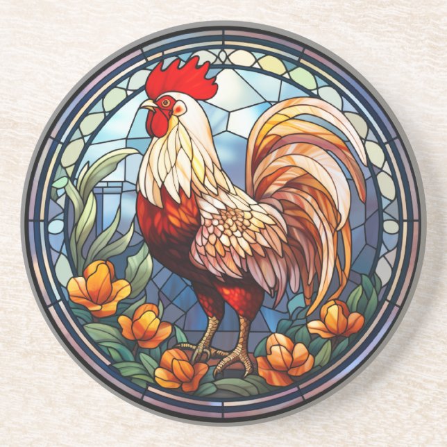 Sweet Stained Glass Chickens Rooster Coaster (Front)