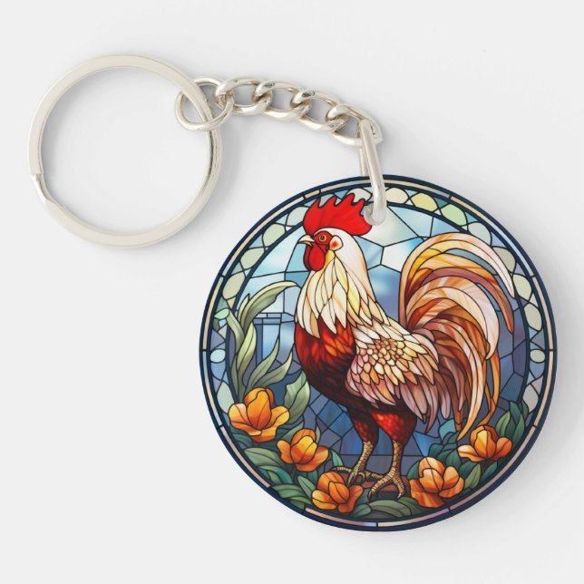 Sweet Stained Glass Chickens Rooster Key Ring (Front)