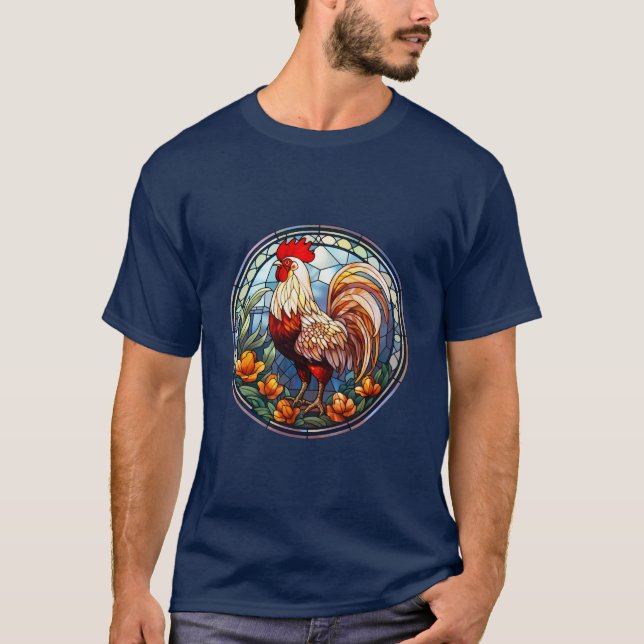 Sweet Stained Glass Chickens Rooster T-Shirt (Front)