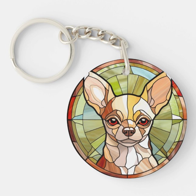 Sweet Stained Glass Chihuahua Dog Key Ring (Front)