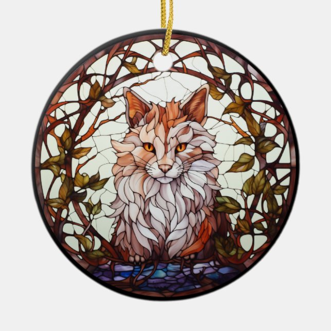 Sweet Stained Glass Forest Cat Ceramic Ornament (Front)