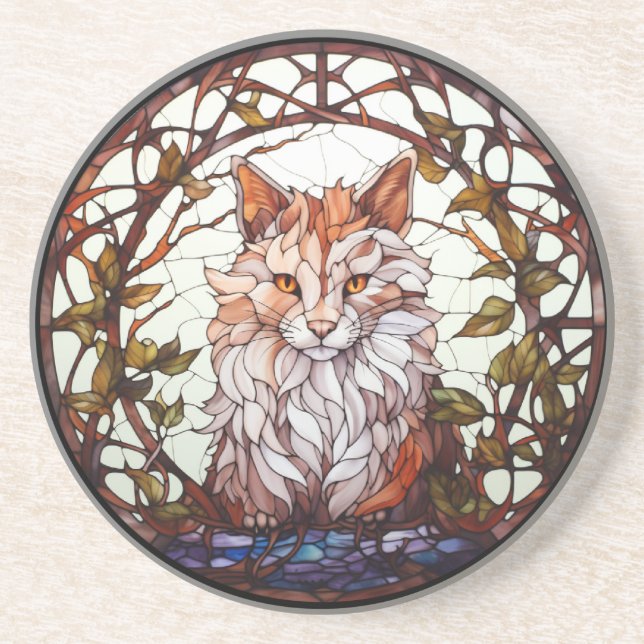 Sweet Stained Glass Forest Cat Coaster (Front)