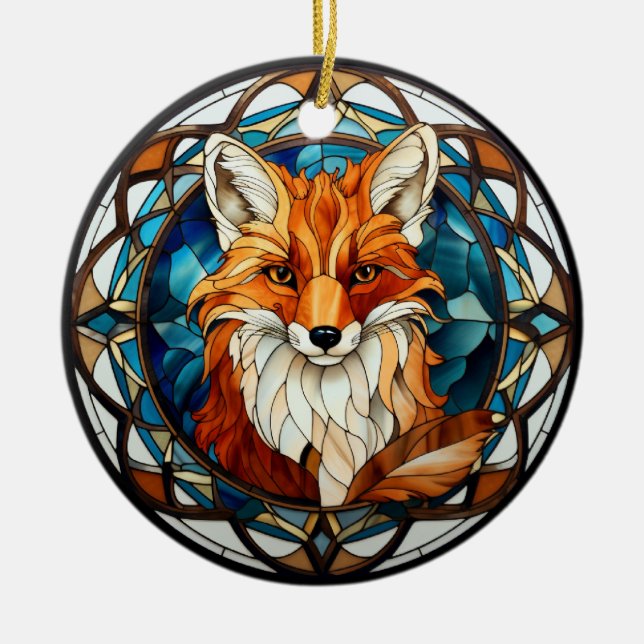Sweet Stained Glass Forest Fox Ceramic Ornament (Front)
